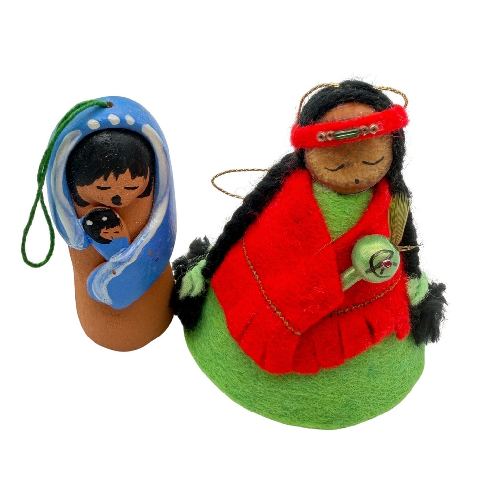 VTG Southwest indigenous Christmas Ornaments Terracotta Clay Felt‎ Doll